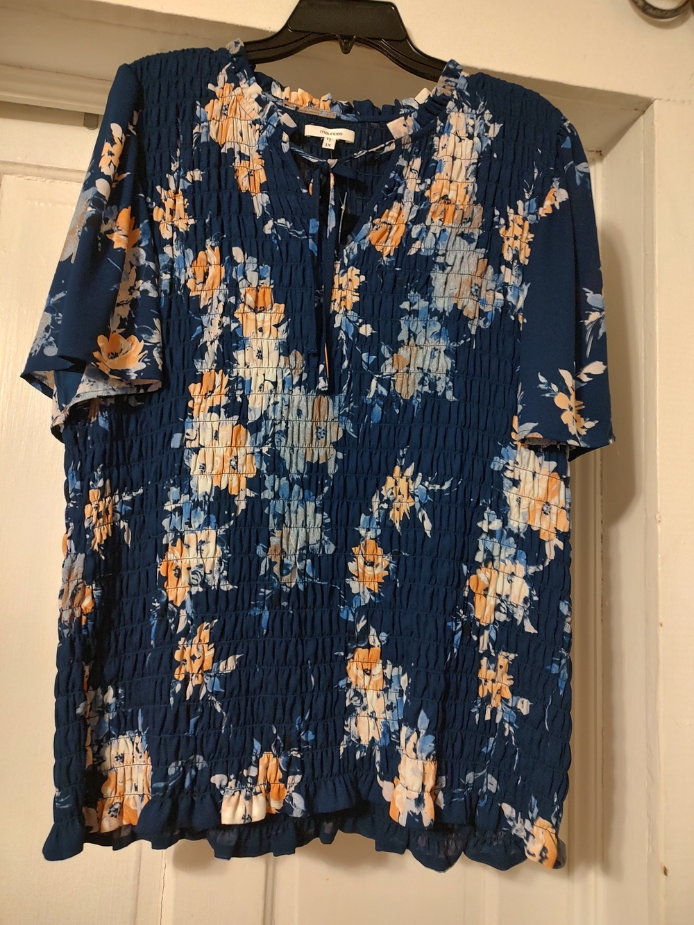 Maurices Navy Blue Floral Smocked Short Sleeve Top